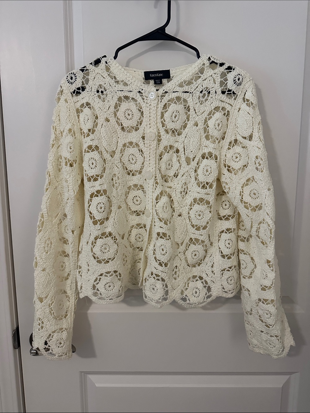 Karen Kane Ivory Crochet Openwork Button-Front Top